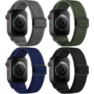 4 Pack Stretchy Nylon Band Compatible with Apple Watch Bands for Men Women 44mm 40mm 41mm 42mm 45mm 46mm 49mm 38mm, Braided Solo Loop Elastic Strap for iWatch Ultra 3 2 Series 11 10 9 8 7 6 5 4 SE 3 (Black/Army Green/Midnight Blue/Deep Gray)