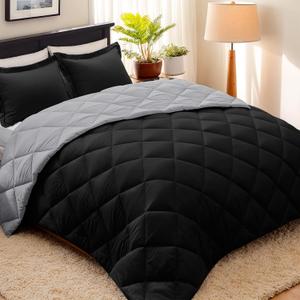 HIG 3pc Black Queen Size Comforter Set-All Season Reversible Down Alternative Comforter with Two Shams -Quilted Duvet Insert with Corner Tabs - Diamond Stitched Blanket - Breathable, Soft, Fluffy (Black/Light Gray)