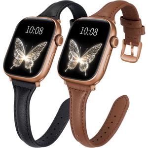 2 pack Slim Leather Bands Compatible with Apple Watch Band 38mm 40mm 41mm 42mm 44mm 45mm 46mm 49mm Women,Top Layer Genuine Leather Strap for iWatch Series 11/10/9/8/7/6 5/4/3/2/1/SE/Ultra (Black+Brown/Rose Gold)