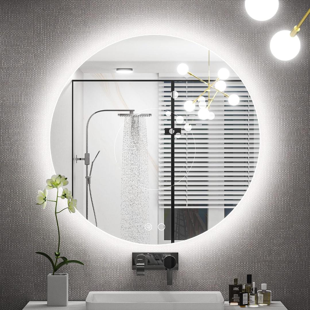 Keonjinn 24 Inch Round LED Mirror for Bathroom, Round Backlit Mirror, UL Listed LED Driver, HD Tempered Glass, 3 Color Lights, Dimmable, Anti-Fog, Small Circle Bathroom Mirrors with Lights