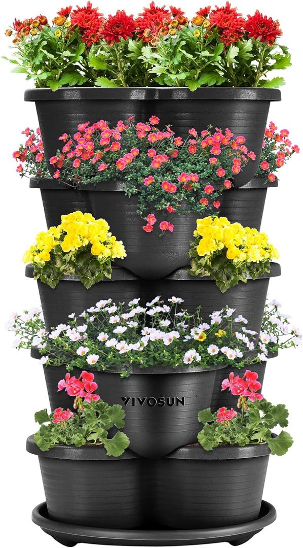VIVOSUN 5 Tier Vertical Gardening Stackable Planter for Strawberries, Flowers, Herbs, Vegetables, Black (1 Pack)