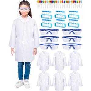 Unittype 6 Set 66 Pcs White Kids Lab Coats Bulk Children Girl Doctor Scientist Costume Lab Coat Goggles Test Tube Eyedropper(M)