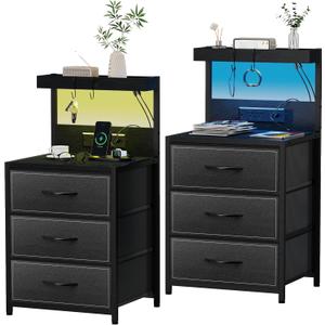 SZLHANJZ LED Nightstand Set of 2, Night Stand with 3 Drawers and Type C Charging Station, Storage End Table with Shelf and Hooks, Large Bedside Table for Dorm Bedroom, Black