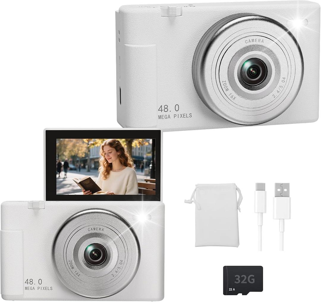2K Digital Camera with 48MP Multi-Filter 16X Zoom Anti Shake, 3" LCD Screen Compact Vlogging Camera with 32G SD-Card, White