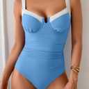 B2prity Women's Underwire One Piece Swimsuits Tummy Control Bathing Suits Push Up Swim Suit Color Block Swimwear (Blue, XXL)
