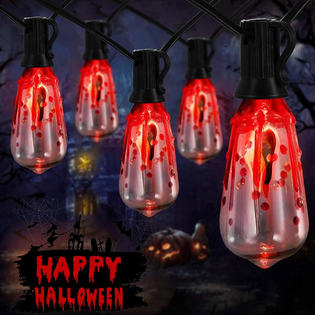 Halloween Decorations Lights, 10Ft Flicker Flame Halloween String Light with 10 Flicker Flame ST40 LED Bulbs, Outdoor Spooky Lights for Patio Balcony Party Decoration, Black (Bloody Drop Red)