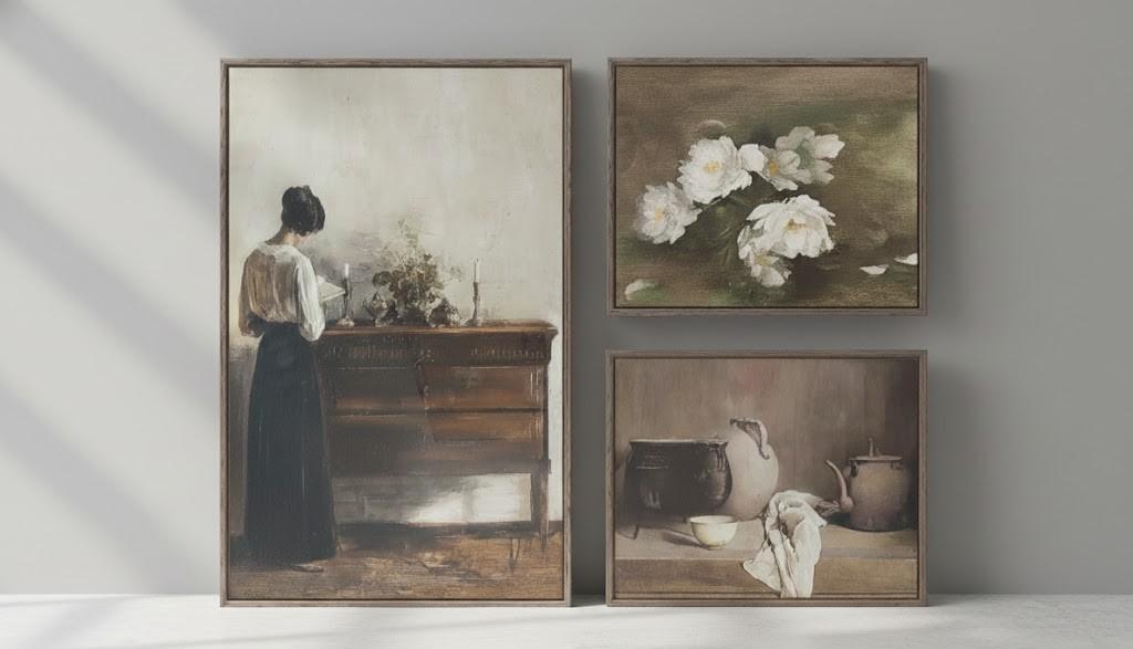 Large Framed Vintage Canvas Wall Art Sets, 3 Piece Farmhouse Prints Painting, Retro Rustic Brown Picture Artwork Decor for Living Room Bedroom and Dining Room