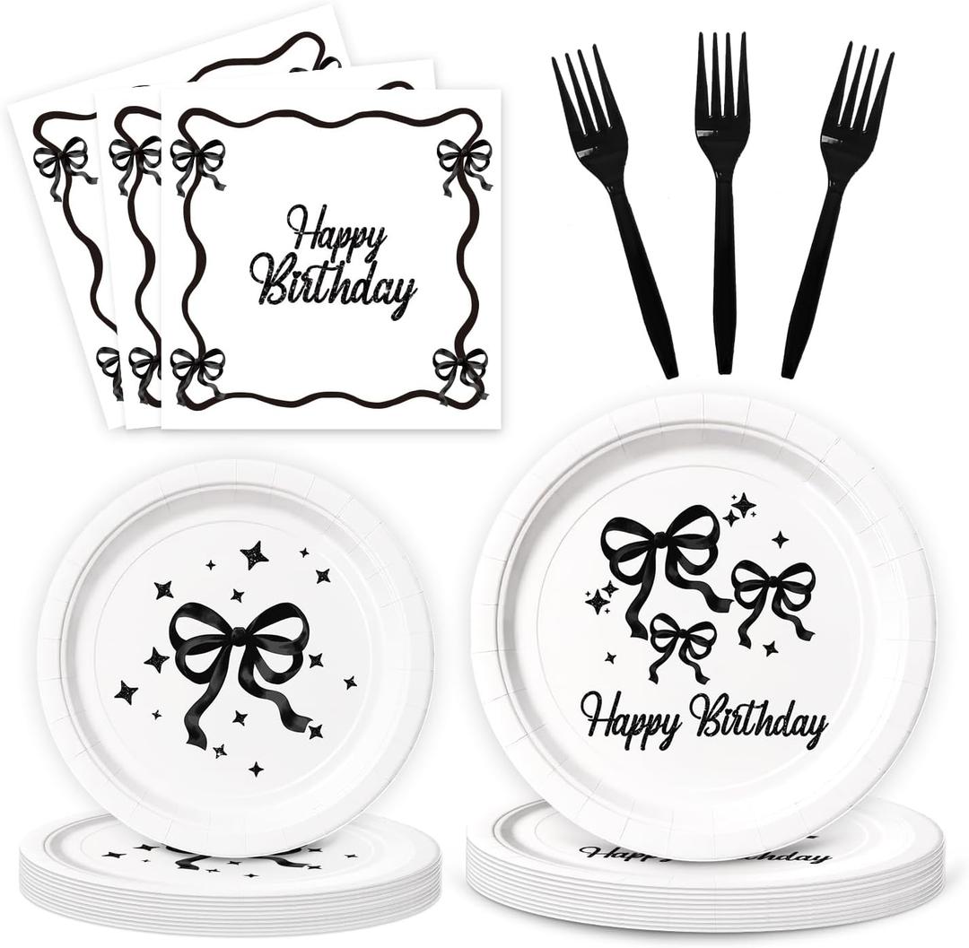 Black Bow Birthday Party Supplies, 96Pcs Conquette Birthday Decorations Includes Plates Napinks Forks Black Bow Theme Tableware Party Supplies