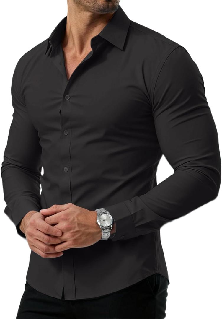 PLEPAN Men's Dress Shirt Slim Fit Stretch Stain Proof Wrinkle-Free Long Sleeve Business Wedding Button Down Shirts (3X-Large, 01-black)