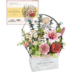 ROBOTIME 3D Wooden Puzzles for Adults, TW03H Wooden Flower Basket Craft Kit, Artificial Flowers Handheld Gift Box, Unique Gift for Birthday/Holidays/Homewarming