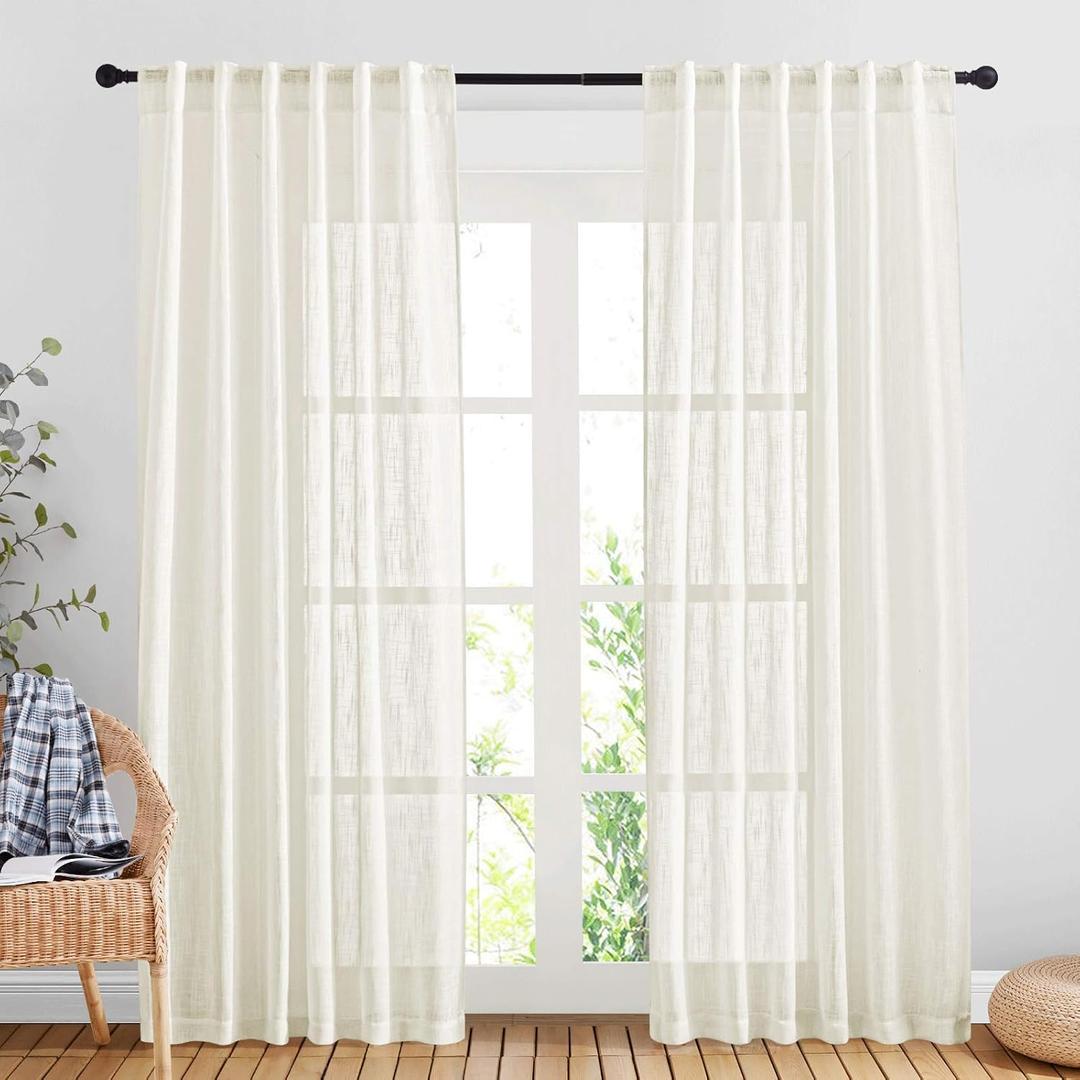 NICETOWN White Linen Sheer Curtains and Drapes 84 inches Long, Rod Pocket & Back Tab semitransparent with Light Through Vertical Window Treatments for Sliding Glass Door & Living Room, 52"W, Set of 2