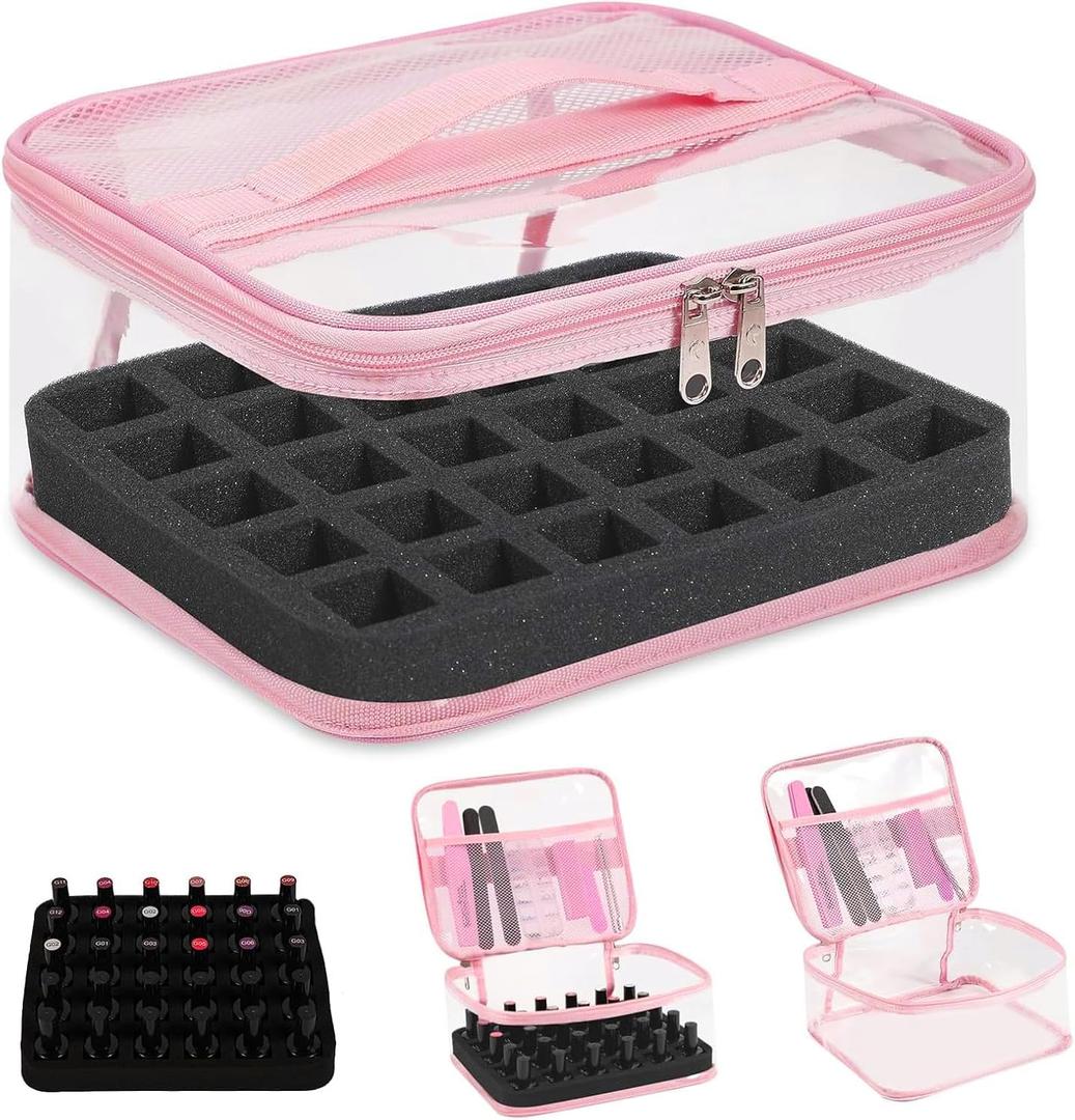 Beloving Clear Nail Polish Organizer Holds 30 Bottles PVC Nail Polish Case See-Through Nail Supplies with Manicure Tools Storage Sections, Portable Travel Nail Tech Carrying Bag for Storage Display (1 Count (Pack of 1), 1.Pink)