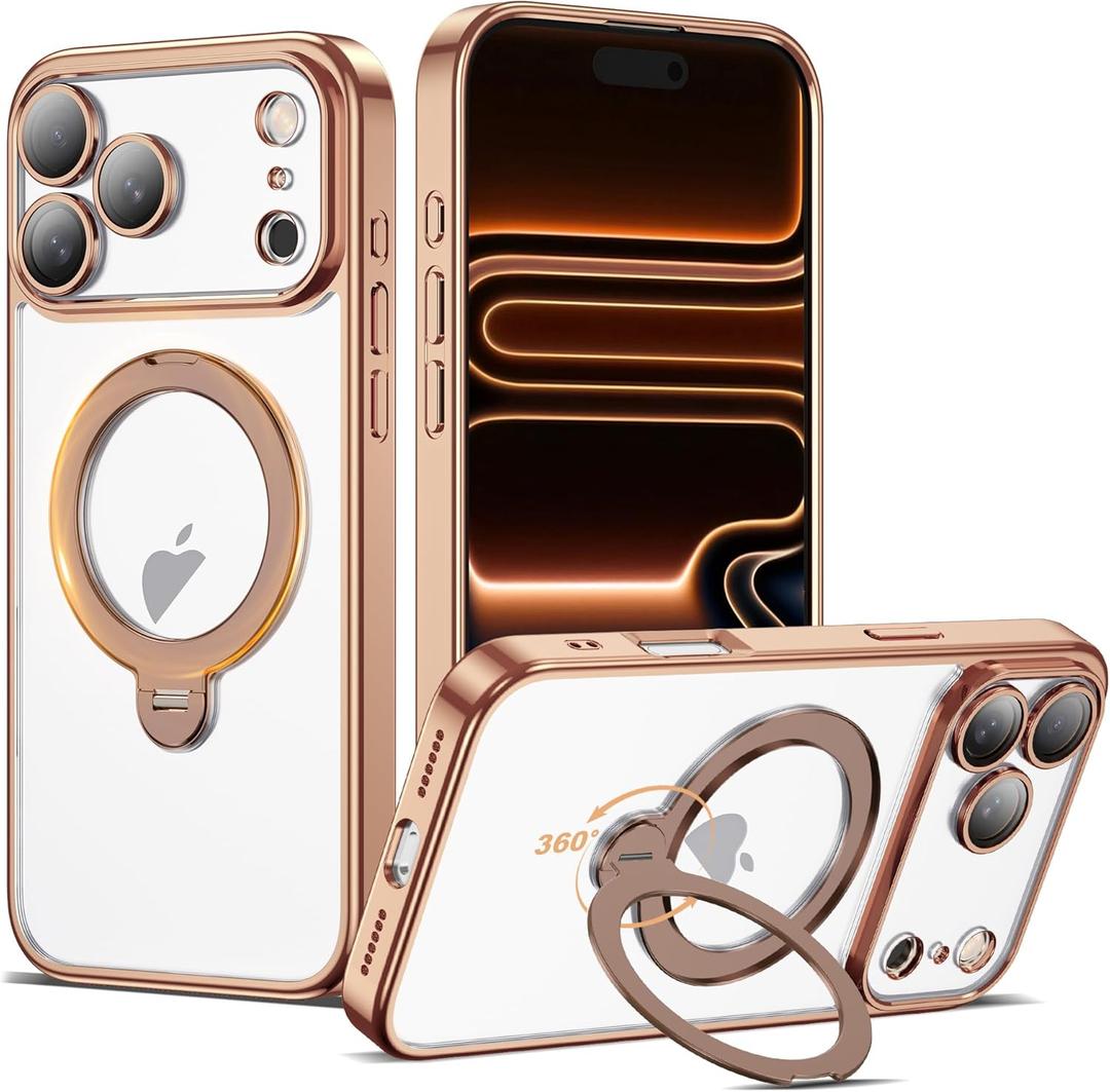 Compatible with iPhone 17 Pro Case with 360° Spin Magnetic Ring Stand [Compatible with Mag-Safe] Full Camera Lens Protector Plating Clear Phone Case for iPhone 17 Pro 6.3", Desert Gold