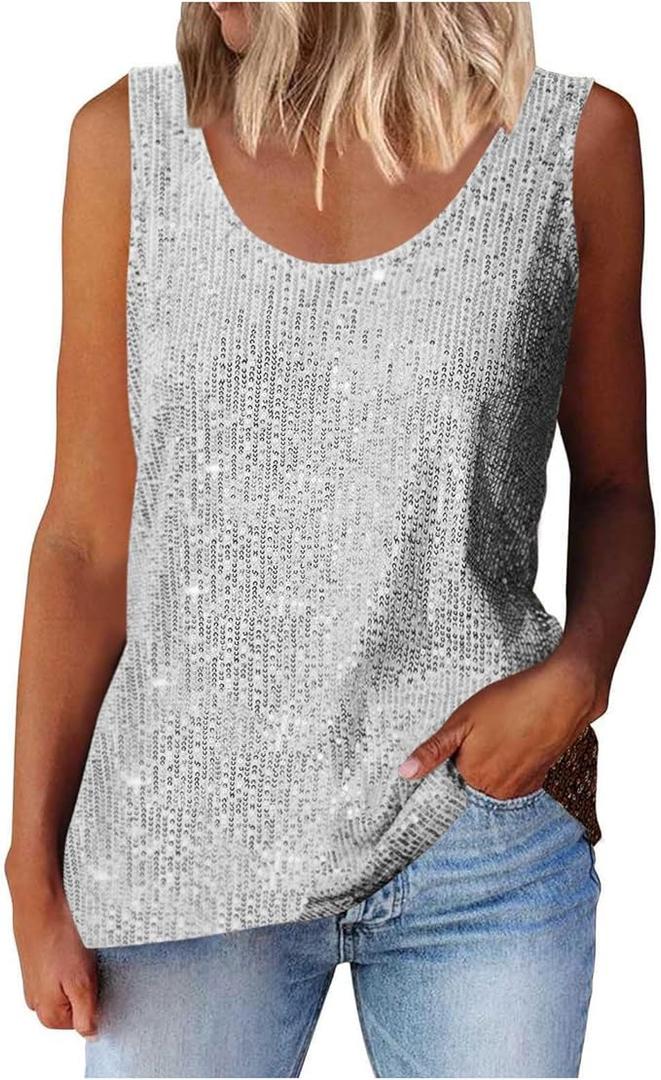 Sparkly Spaghetti Strap Tank Tops for Women Cute Sleeveless Double Layer Sequin Top Camisole, Silver 