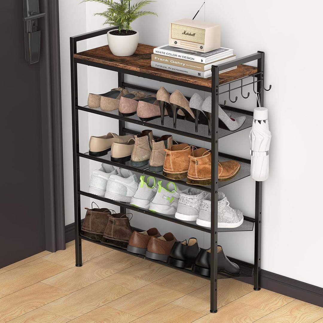 Refrze Shoe Rack for Front Door Entrance, 5 Tier Height-Adjustable Metal Shoe Rack, Sturdy Wooden Top and Tiltable Steel Frame Heavy Duty Shoe Organizer for Bathroom, Bedroom, Kitchen, Include Hook
