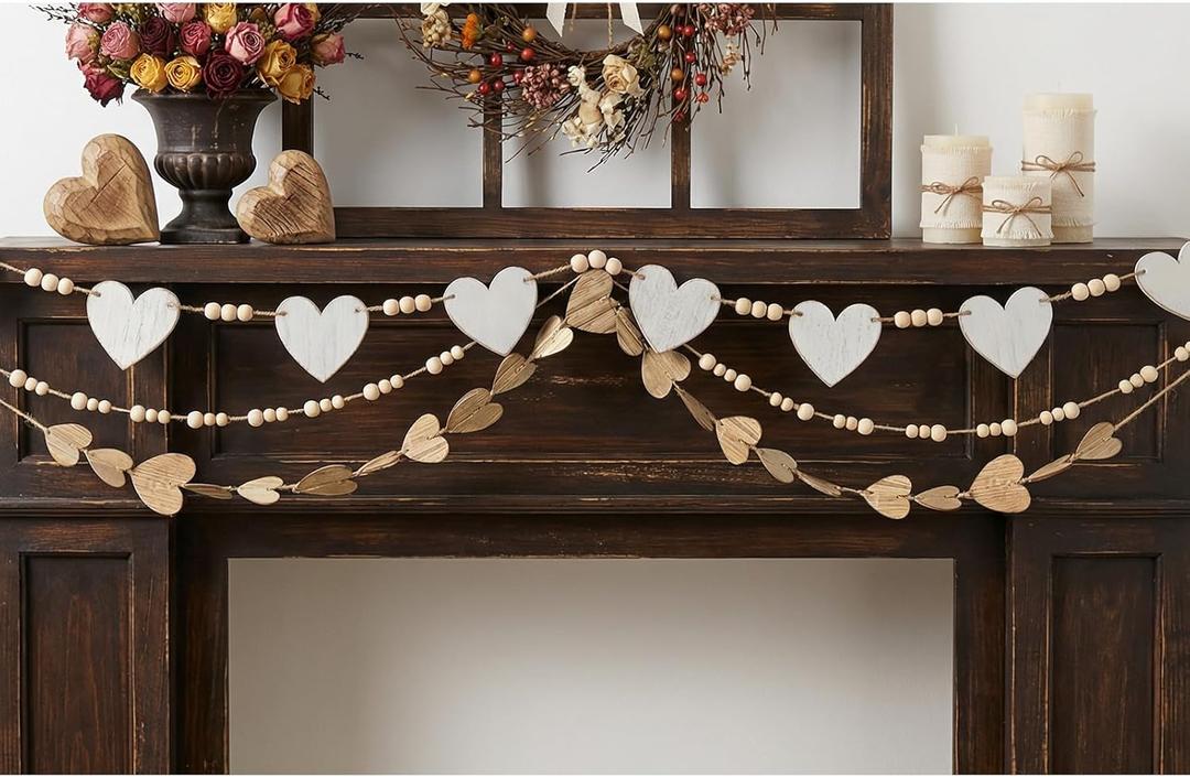 Valentine's Day Garland Set: 3pcs Neutral Vintage Wooden Heart Garland with Wood Beads, Rustic Valentines Banner Decorations Indoor Outdoor for Mantle Fireplace Wall Home Farmhouse Decor