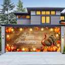 6x13ft Thanksgiving Garage Door Banner Warm Lights Wood Texture Turkey Pumpkin Fall Leaves Family Gathering Photo Background Decor Indoor Outdoor Party Decorations