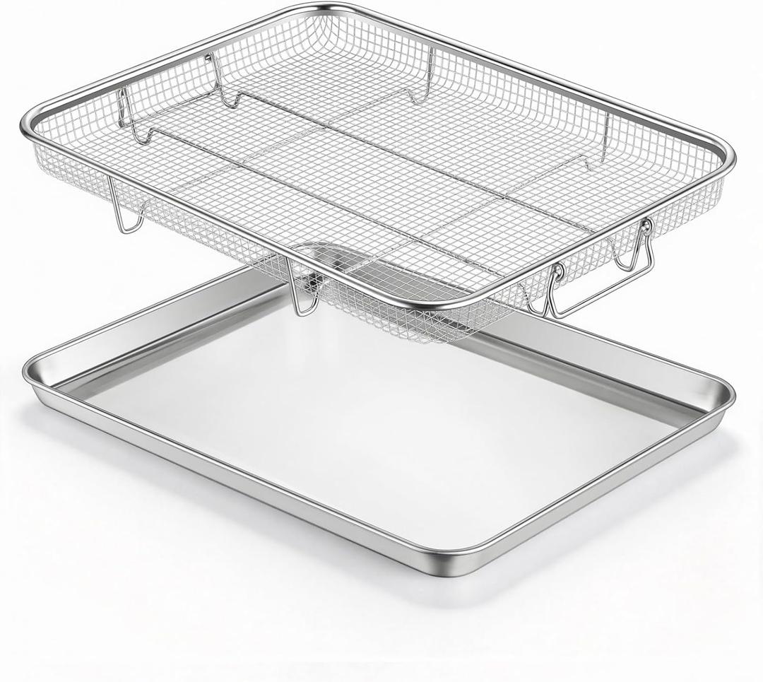 E-far Air Fryer Basket for Oven, Large 16 x 12 Stainless Steel Air Fryer Pan and Crisper Tray, Air Fryer Rack with Baking Pan for Crisper Foods Frying Healthy Cooking, Dishwasher Safe