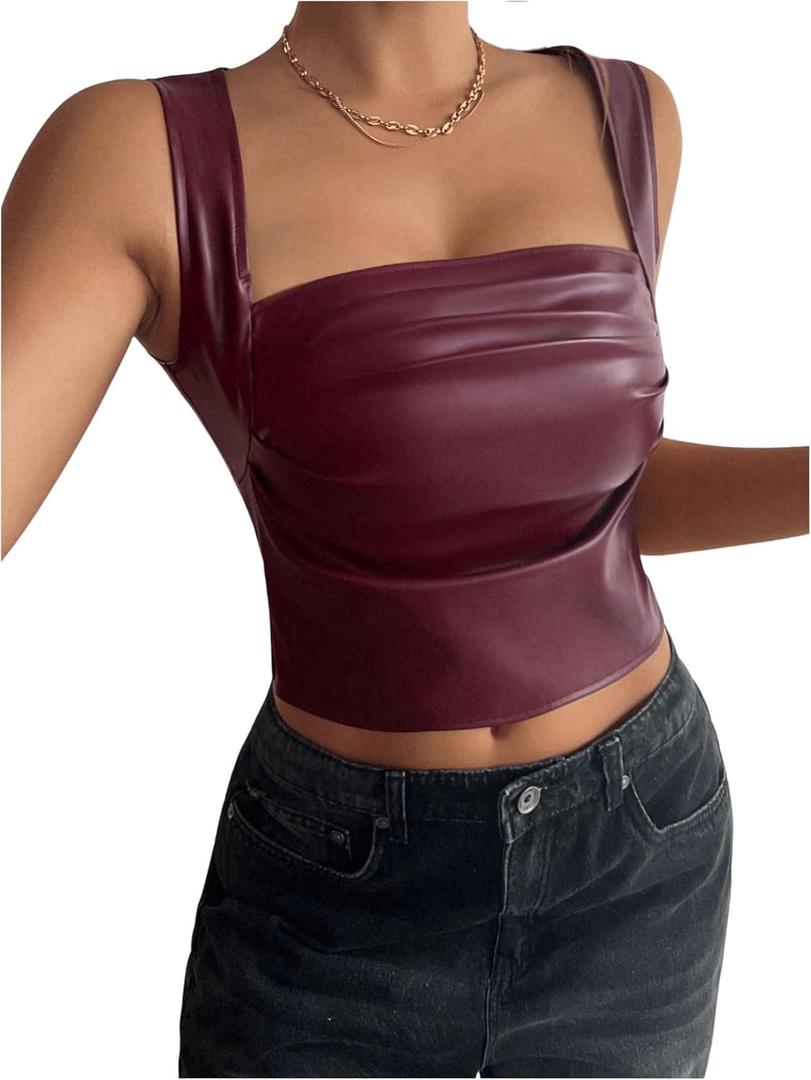 SOLY HUX Women's PU Leather Square Neck Tank Tops Sleeveless Slim Fitted Party Club Crop Top (Large)