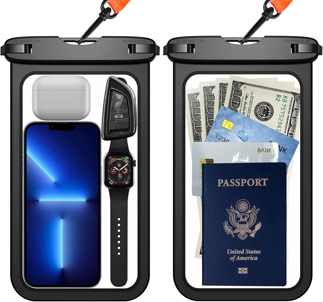 Temdan 2 Pcs Waterproof Phone Pouch, [Up to 10" Large] Universal IPX8 Waterproof Cell Phone Case Dry Bag with Lanyard for iPhone 16 Pro Max/16E/15/14/13,Galaxy S25 Ultra/S24/S23 for Vacation -Black (Large 10", Black&Black)