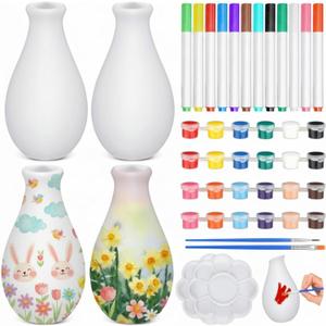 Singhoow 4 Set Mother's Day Paint Your Own Porcelain Paint Vase Art Project White Ceramic Painting Kit for Adults Porcelain Vase Decorating Kit Holiday Supplies DIY(Stylish)