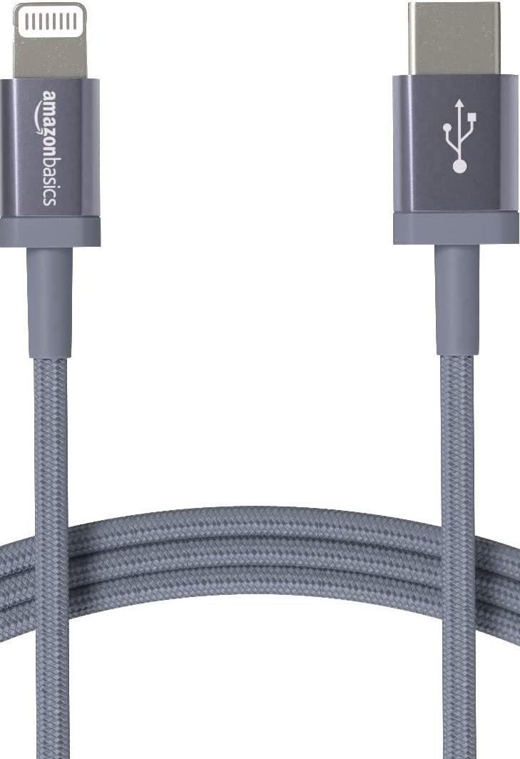 Amazon Basics USB-C to Lightning Cable, MFi Certified Charger with Power Delivery, Nylon Braided Cord for Apple iPhone 14 13 12 11 X Xs Pro, Pro Max, Plus, iPad, 6 Foot, Dark Gray