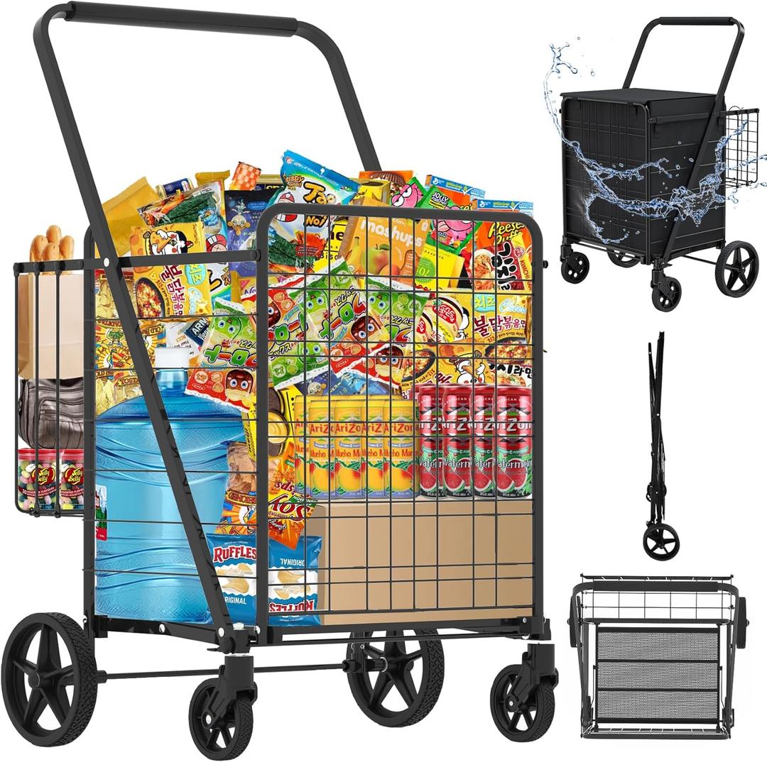 Heavy Duty Folding Shopping Cart with 360 Swivel Wheels, Waterproof Bag, Jumbo Utility Carts for Grocery, Laundry, Holds Up to 440 LBS, 37.5 Gallon