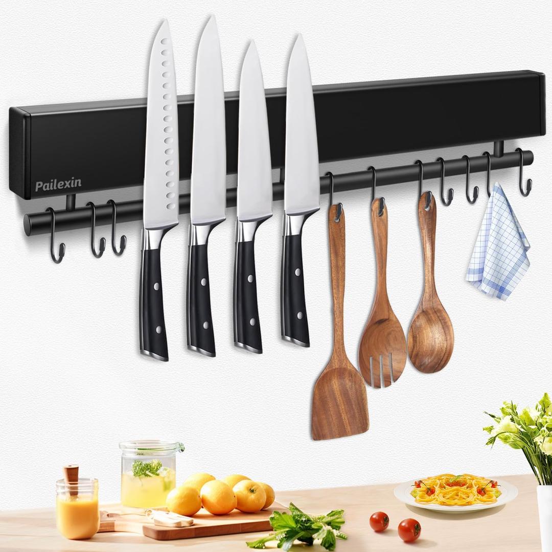 17 inch magnetic knife holder with 10 hooks, No Drilling black knife magnetic strip and utensil hanger for wall, Powerful knife magnet rack include tape and screws