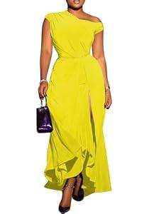 Seltaon Summer One Shoulder Maxi Dresses for Women Elegant A Line Formal Cocktail Dress Wedding Guest Yellow XXL
