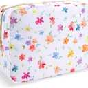 Nylon Large Floral Makeup Organizer Bag, Preppy Big Cute Flower Cosmetic Zipper Pouch Multi-compartment with Dividers, Waterproof Toiletry Makeup Brushes Bag Travel Essentials for Women(White-Flower)