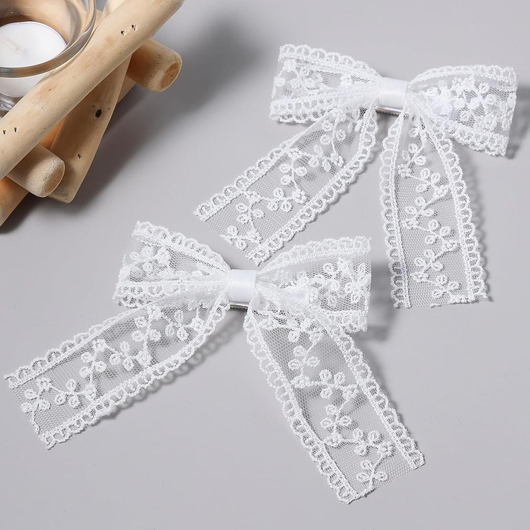 White Lace Hair Bow Clips for Women Bridal Flower Girls Wedding Accessories Large Long Tail Ribbon Tulle Bow Barrettes Alligator Pins Baby Teens Toddler Kids Birthday Communion Gift 4" (2 Count (Pack of 1))