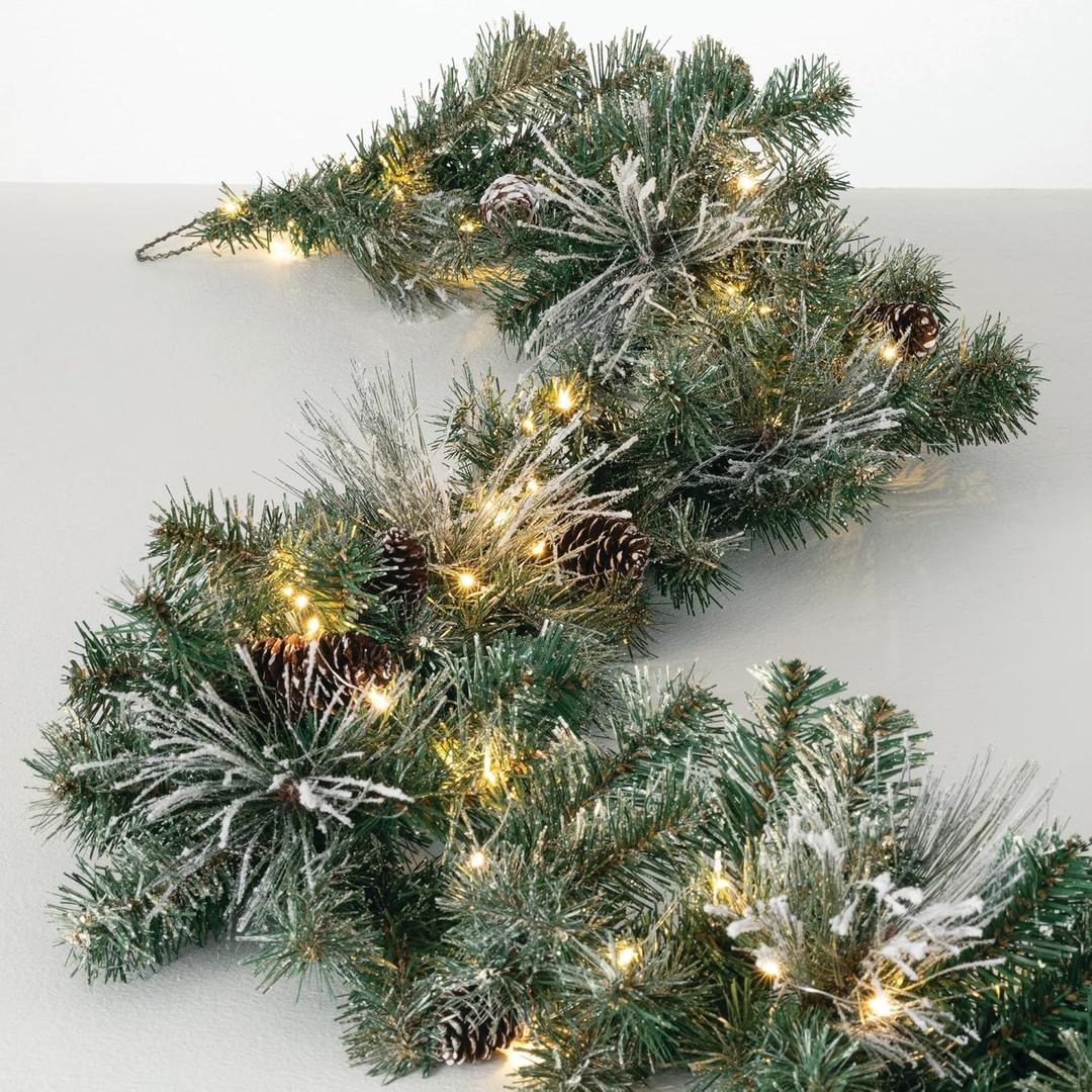 Sullivans 9' Prelit Christmas Garland, Christmas Decor, Garland Christmas Decorations, Artificial Flocked Pine Garland For Mantle with Lights, Pinecones, Battery Timer, and Gold Accents, Holiday Decor
