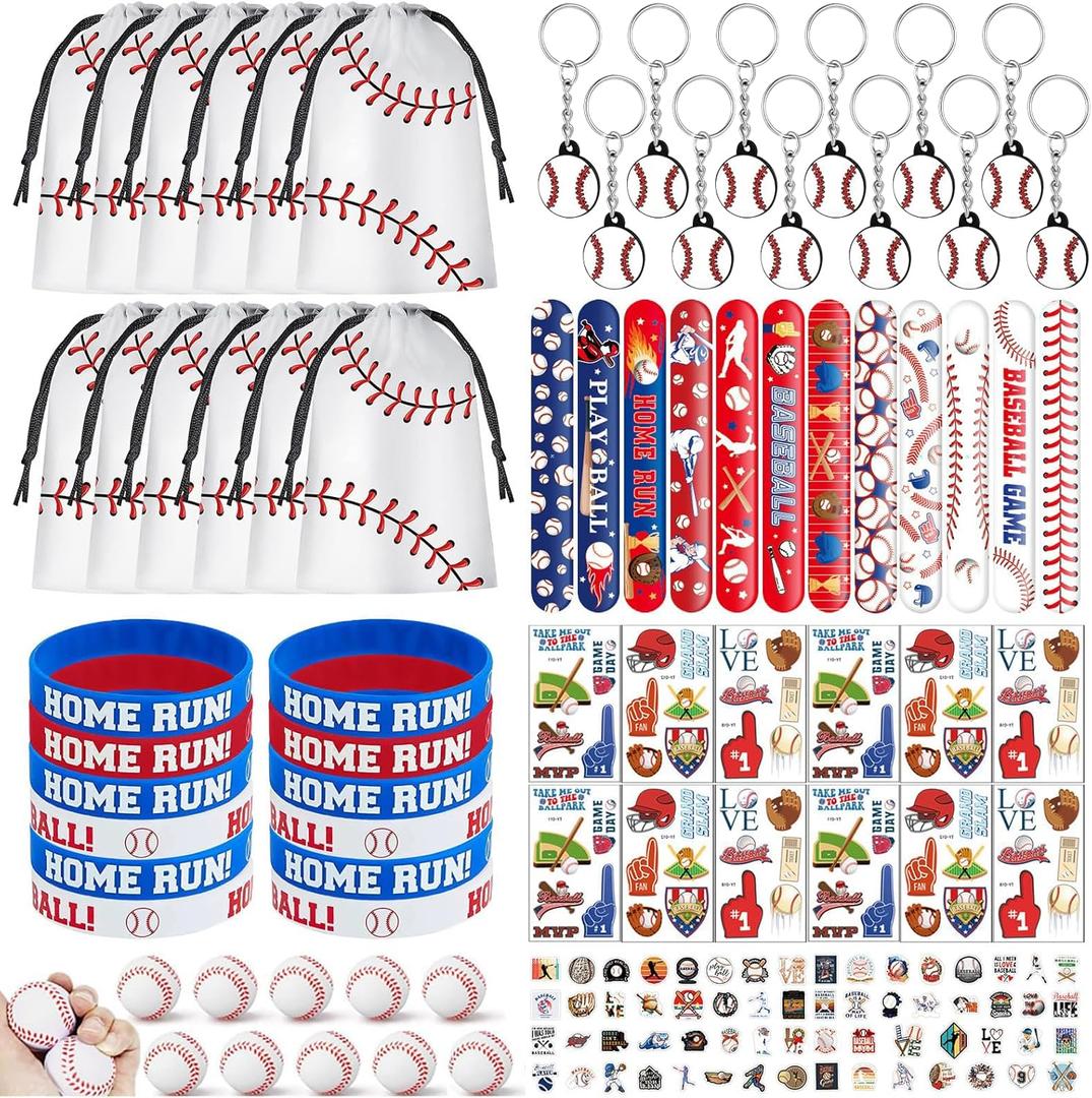 132 Pcs Baseball Party Favors Drawstring Bags Baseball Goodie Bag with Mini Ball, Wristband, Slap bracelets, Keychains, Baseball Stickers,Tattoo Stickers for Baseball Themed Party Supplies