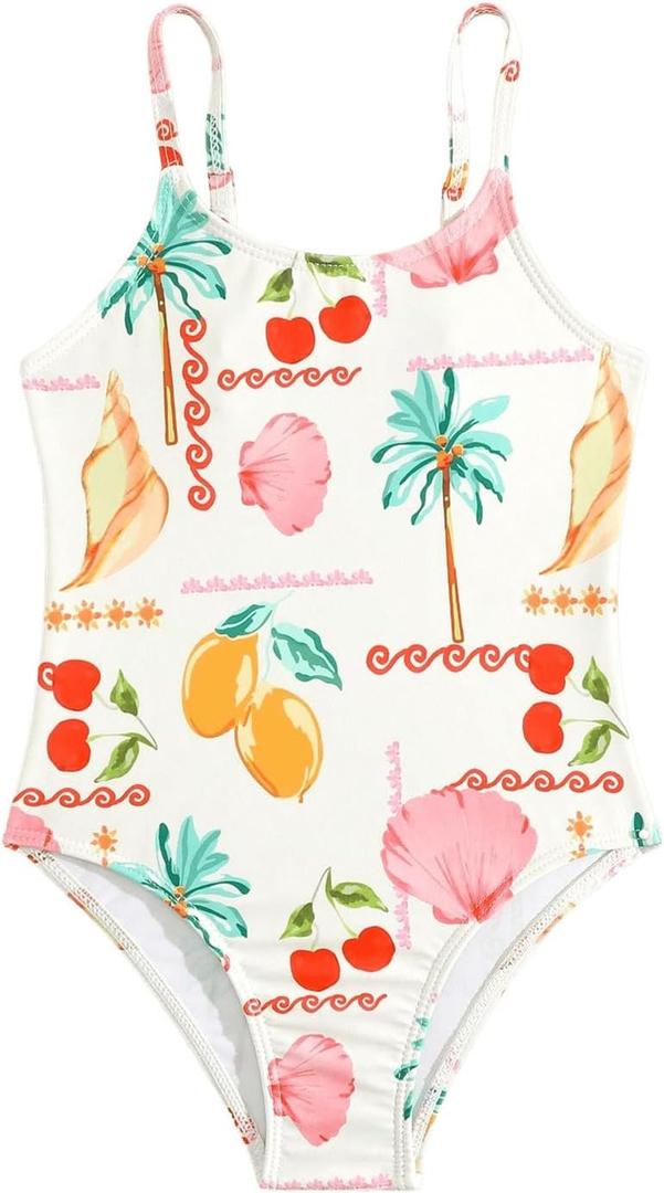 Floerns Toddler Girl's Fruit Plant Print One Piece Swimsuit Spaghetti Strap Bathing Suit (Beige Multi, 6Y)