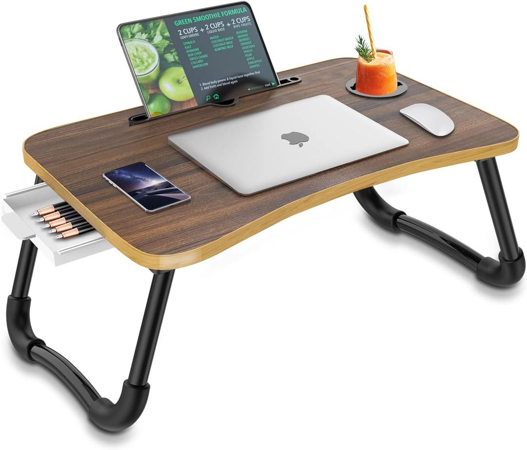 Zapuno Foldable Laptop Bed Table Multi-Function Lap Bed Tray Table with Storage Drawer and Water Bottle Holder, Serving Tray Dining Table with Slot for Eating, Working on Bed/Couch/Sofa (Beige1)