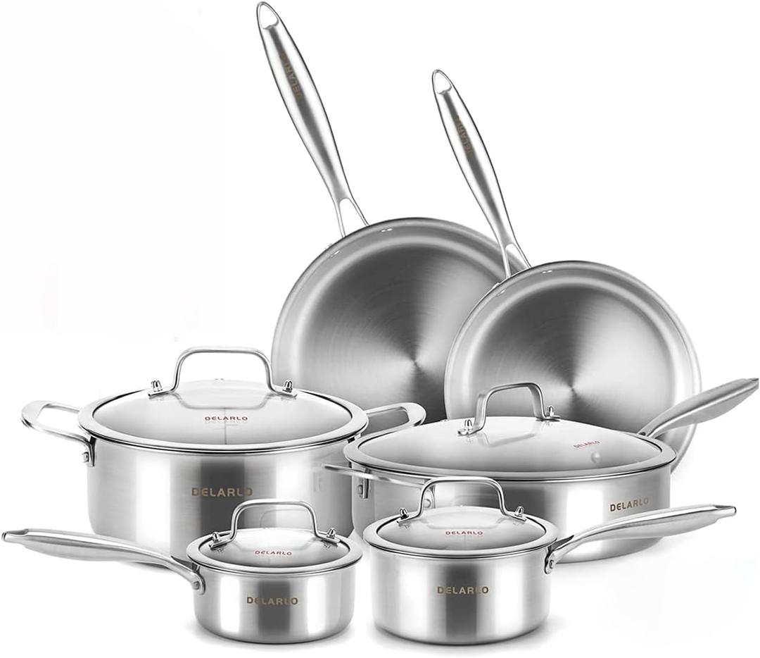 Delarlo Whole body Tri-Ply Stainless Steel Kitchen Cookware Set of 14 With Lid Heats quickly Cookware, Suitable for All Stove Kitchen, Pots and Pans sets