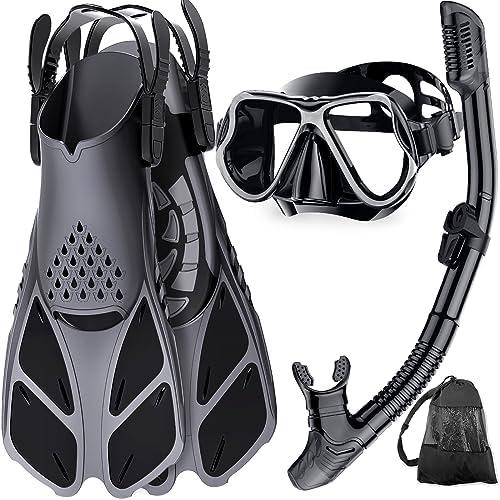 Zenoplige Mask Fins Snorkel Set, Snorkeling Gear for Adults, Panoramic View Snorkel Mask Anti-Fog, Adjustable Dive Flippers, Dry Top Snorkel and Travel Bag, Scuba Gear for Swimming Snorkeling Diving size SM
