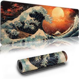 Extended Gaming Mouse Pad Anime Large Desk Pad with Non-Slip Base Full Keyboard Mat with Stitched Edges for Gaming and Office 31.5 x 11.8 inches (Orange Wave)