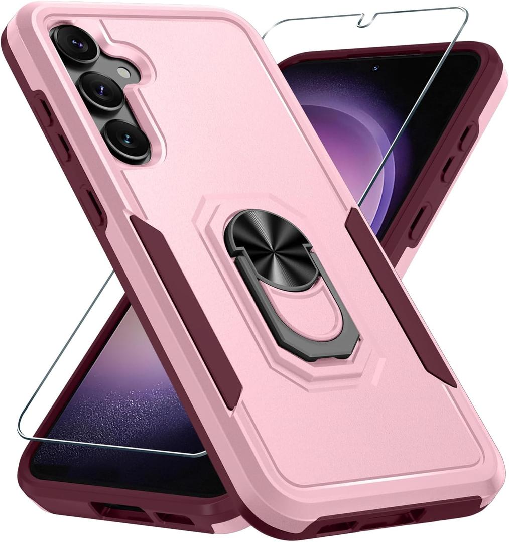 Compatible with Samsung Galaxy S24/S25 Case with Screen Protector Tempered Glass,Heavy Duty Shockproof Full Body Phone Cover Built in Metal Ring Holder Kickstand,2025 Cute Pink