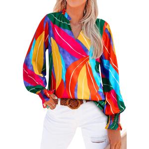 MASCOMODA Womens V Neck Floral Long Sleeve Tops 2025 Summer Casual Loose Puff Sleeve Chiffon Boho Work Blouse Dressy T Shirts (M)