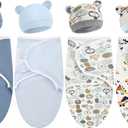 Buryeah 4 Pack Preemie Swaddle Blanket Wrap Set with Hat for Baby Boys Girls 3-7 Lbs Preemie Newborn Clothes Sleepers Cap (Blue)