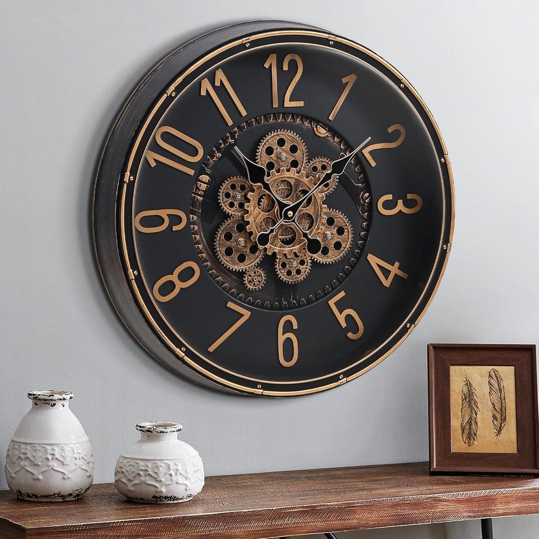 Large Wall Clock with Moving Gear, 50cm / 20 Inch Retro Wall Clock for Living Room Decor, Industrial Steampunk Decorative Wall Clock Vintage Bronze Gold Retro Wall Clock for Farmhouse Home