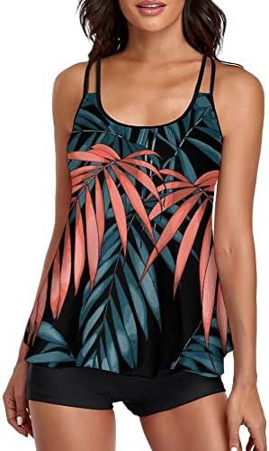 Urchics Womens 2025 Tankini Swimsuits Tummy Control Flowy Swimwear Two Piece Bathing Suits Swim Tank Top with Boyshorts L