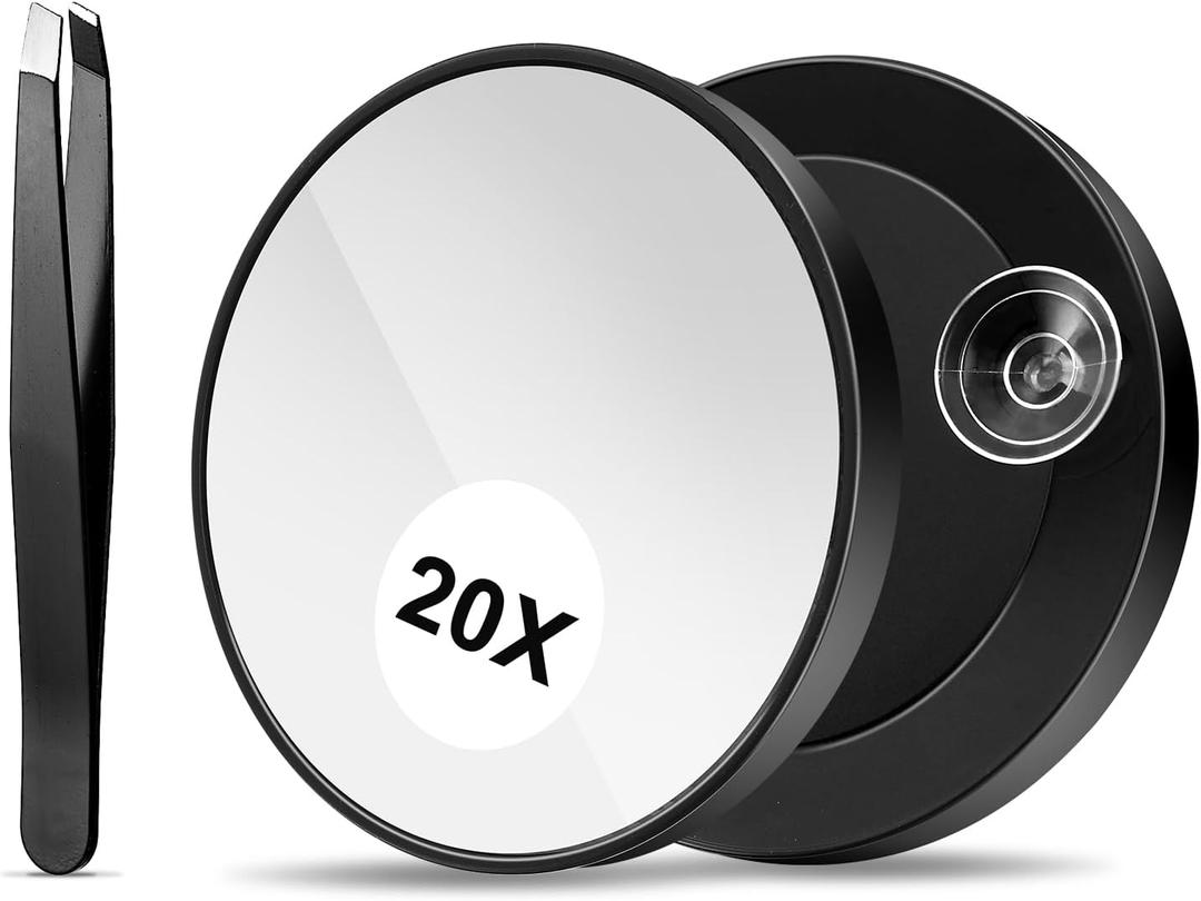 20X Black Magnifying Mirror and Eyebrow Tweezers Kit, 3.78 Inches Compact Round Magnifying Makeup Mirror with 2 Suction Cups, Mini Magnify Travel Cosmetic Mirror for Women Girl Makeup