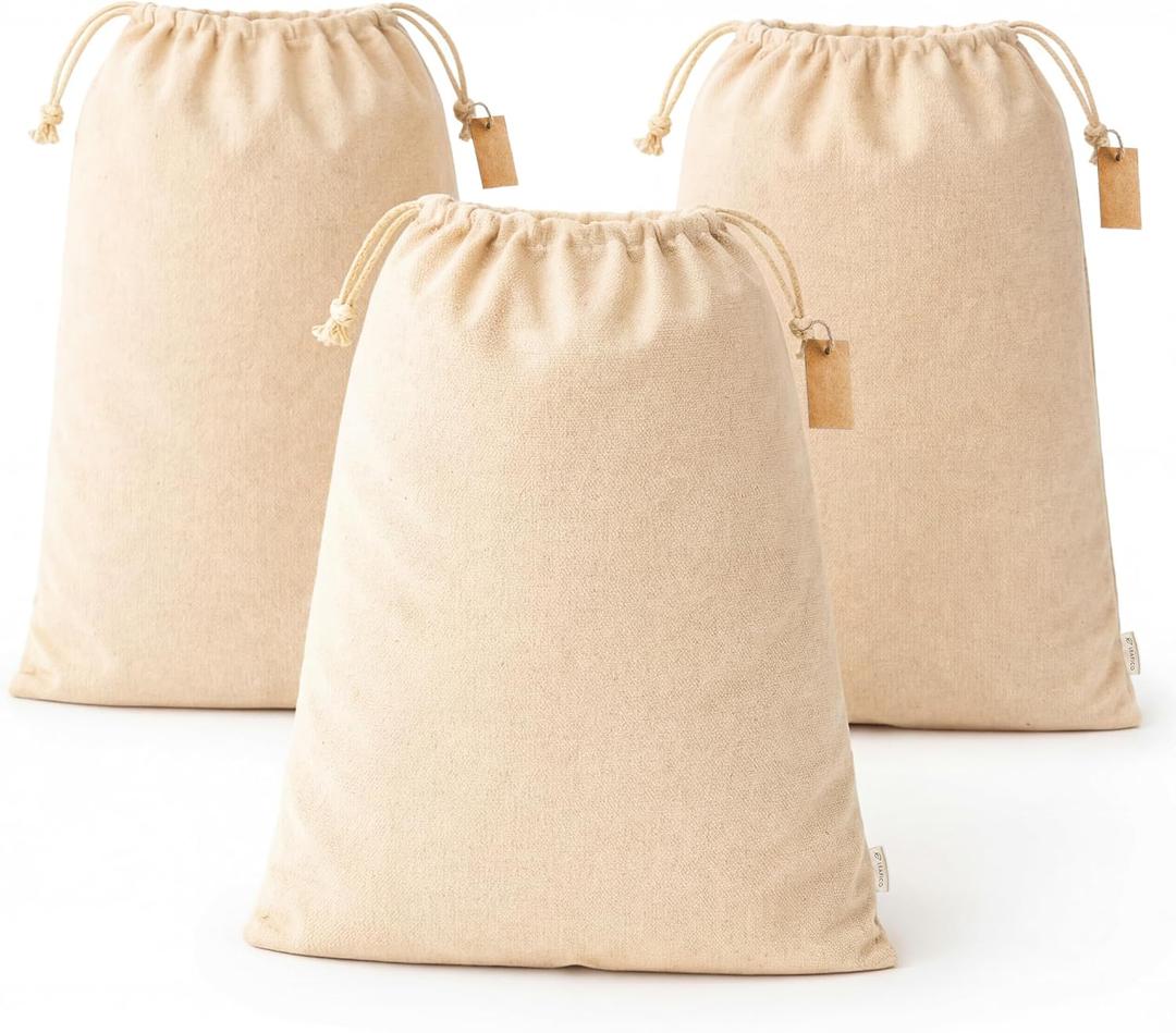 LEAFICO Reusable Produce Storage Bags - XX-Large 19x23 3 Pack - Breathable Muslin Fabric Sacks with Drawstrings Dust-Proof Travel Cotton Bags for Laundry, Clothes, Purses