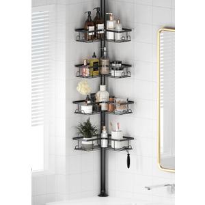 Corner Shower Caddy Tension Pole, 4-Tier Stainless Steel Rustproof Bathroom Shower Organizer 47-114 Inch Height Adjustable Shower Shelves, No-Drill Required Black