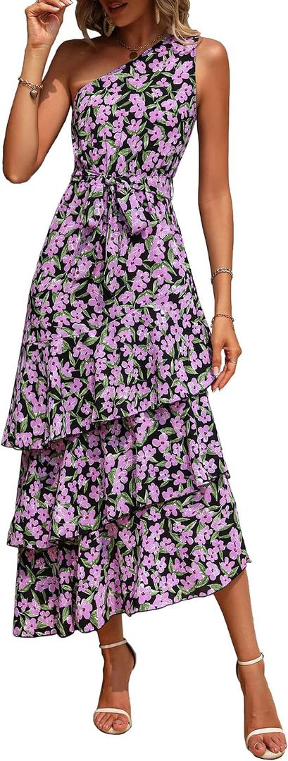 PRETTYGARDEN Women's Summer Floral Sundress Casual One Shoulder Tiered Ruffle Flowy Midi Beach Boho Dresses (M)