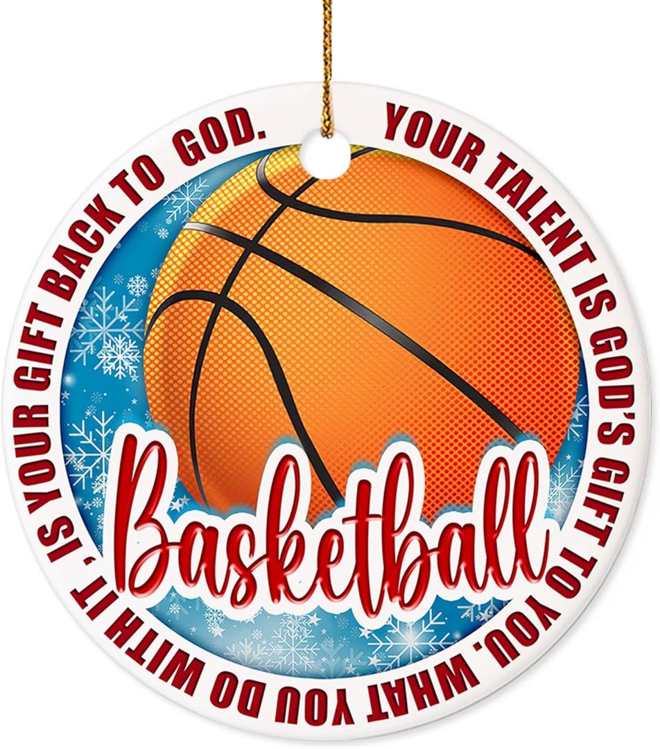 3 x Basketball Christmas Ornament 2025 Ceramic Round 2.9 Inch Keepsake with Faith Quote Inspirational Sports Gift for Basketball Players, Coaches, Athletes & Fans