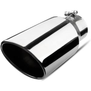 4 inch Inlet Exhaust Tip, 6" Outlet 12" Overall Length Stainless Steel Exhaust Tail Pipe, Bolt-On, Rolled Edge, Slant Sleek Angle Cut, Polished Tailpipe, Silvery