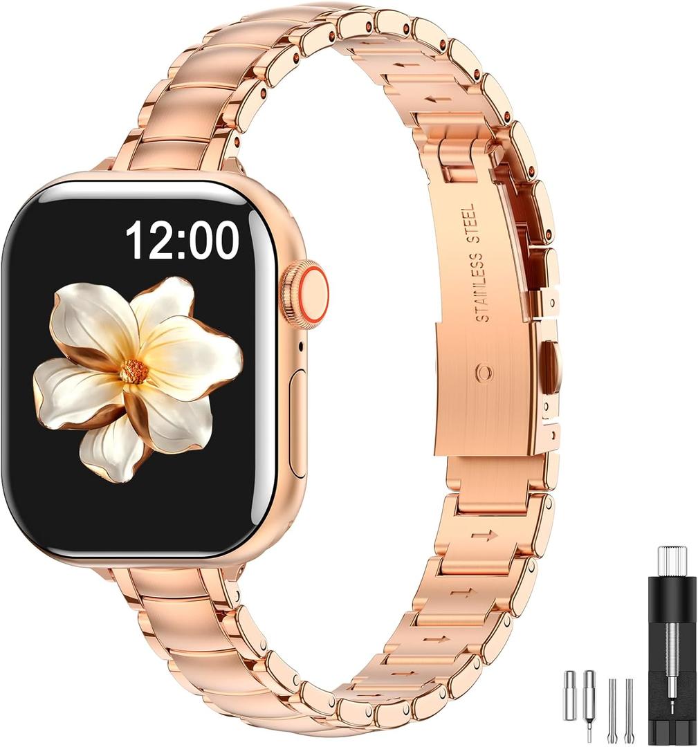 MioHHR Thin Metal Bands Compatible with Apple Watch Band Ultra3/2/1 Series 11 10 9 8 7 6 5 4 3 2 1 SE3/2/1,Slim Narrow Stainless Steel Strap for Women iWatch 49mm 46mm 45mm 44mm 42mm 41mm 40mm 38mm (Rose Gold)